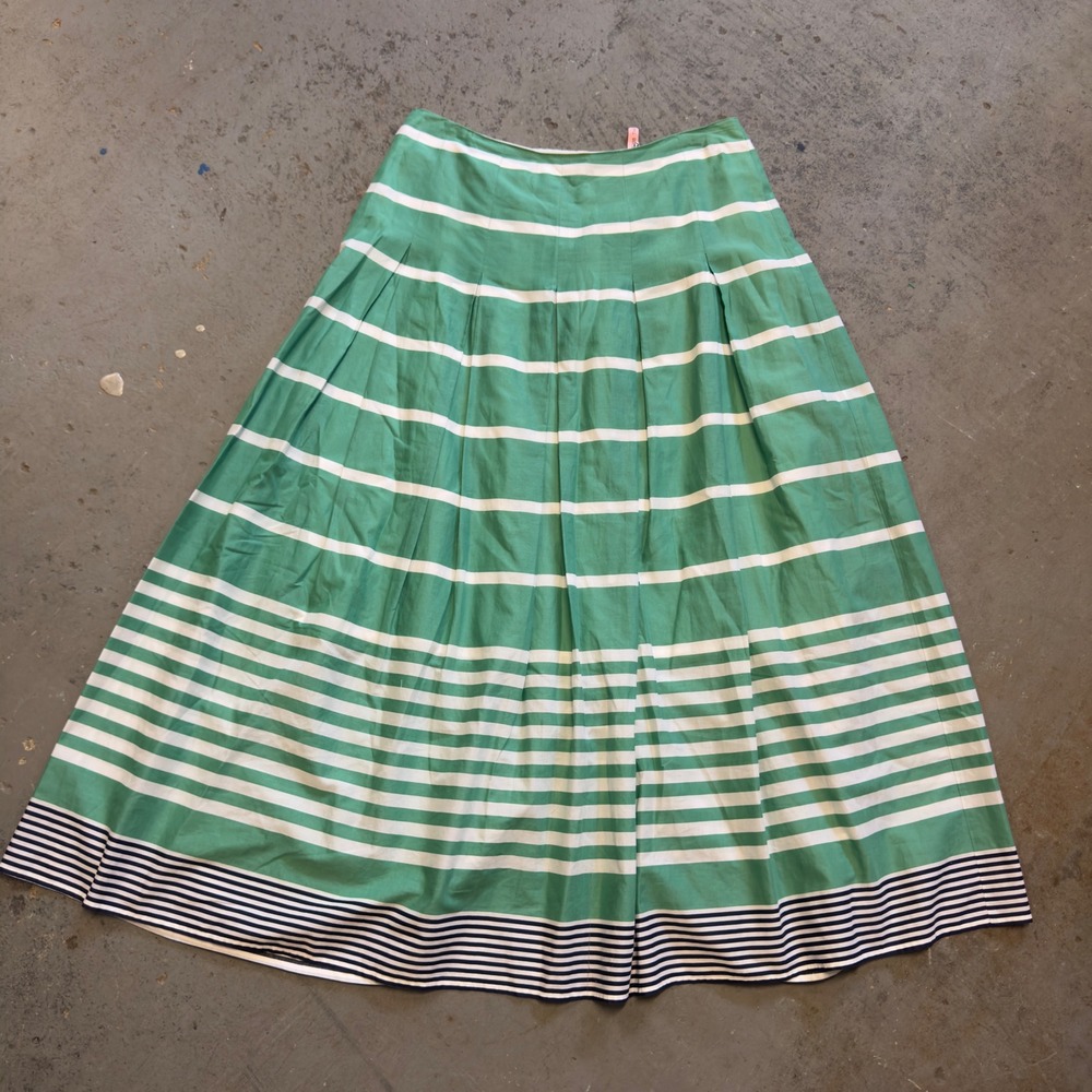 Boden Green White Striped Pleated Maxi Skirt Cotton Size 12L WG716 Nautical